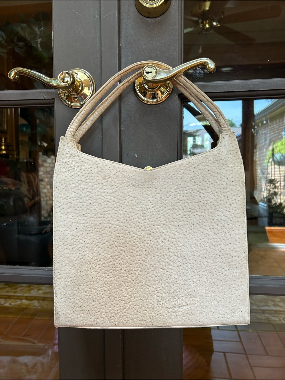 1950s Sydney of California Ostrich skin Cream Bag with Double Handles